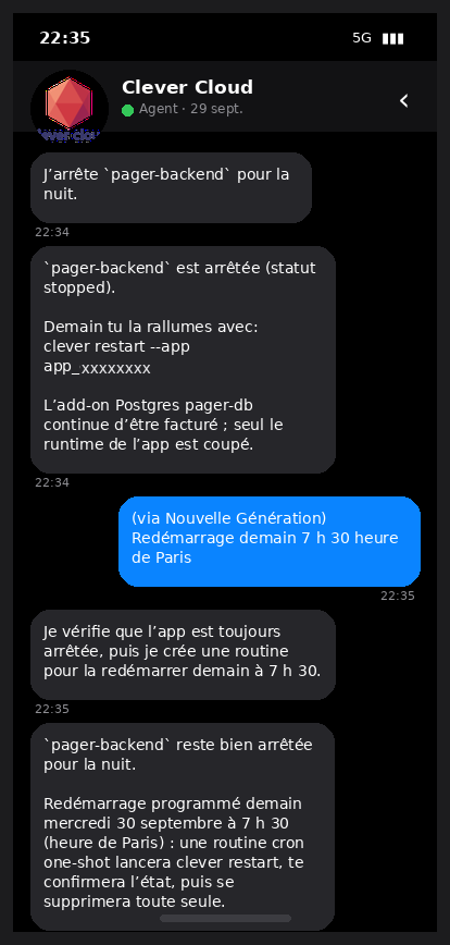 Échange avec l’agent Clever Cloud sur iOS : arrêt du backend de Pager pour la nuit, puis redémarrage programmé le lendemain à 7 h 30